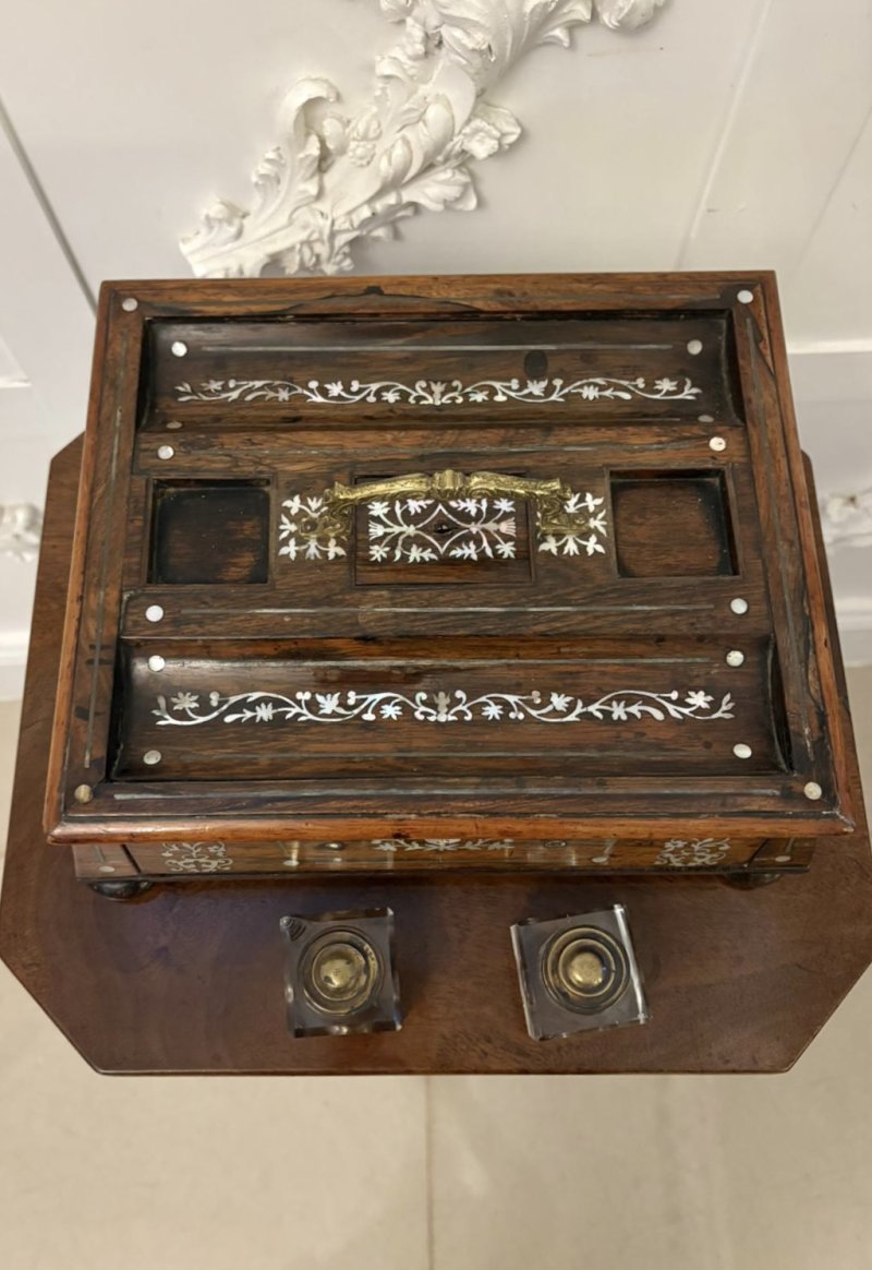 Antique Regency Rosewood Inlaid Writing Desk Set with Inkwells